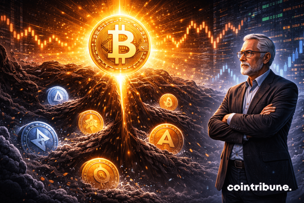 Une crypto Bitcoin éclatant au centre, tandis que des altcoins se font absorber par une ombre noire. Peter Brandt regarde la scène avec un air impassible, un graphique en arrière-plan.