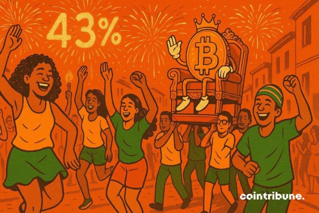 Les brésiliens en joie en portant un bitcoin car le marché crypto a explosé de 43% en 2025.