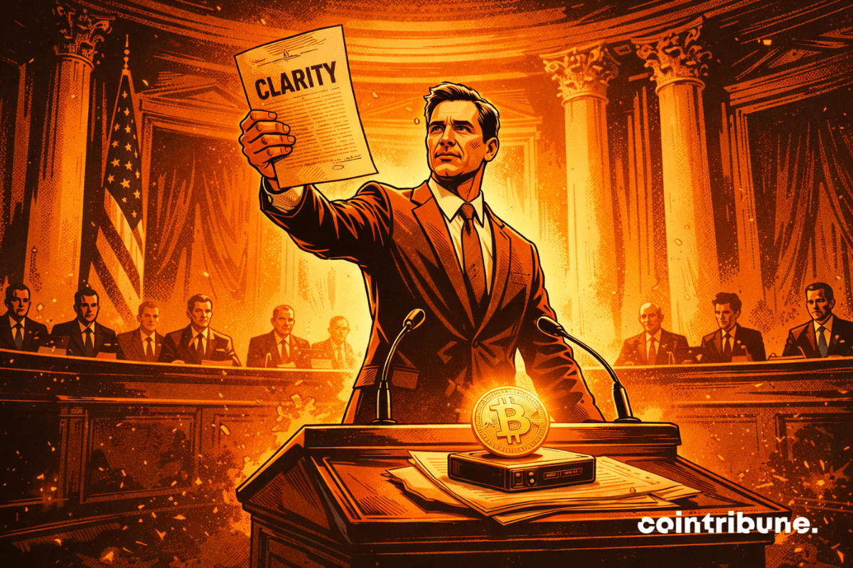 Un sénateur américain, en costume sombre, debout, tend un document « CLARITY » vers un pupitre. Un cold wallet ou une pièce crypto brillante est posée sur le pupitre.