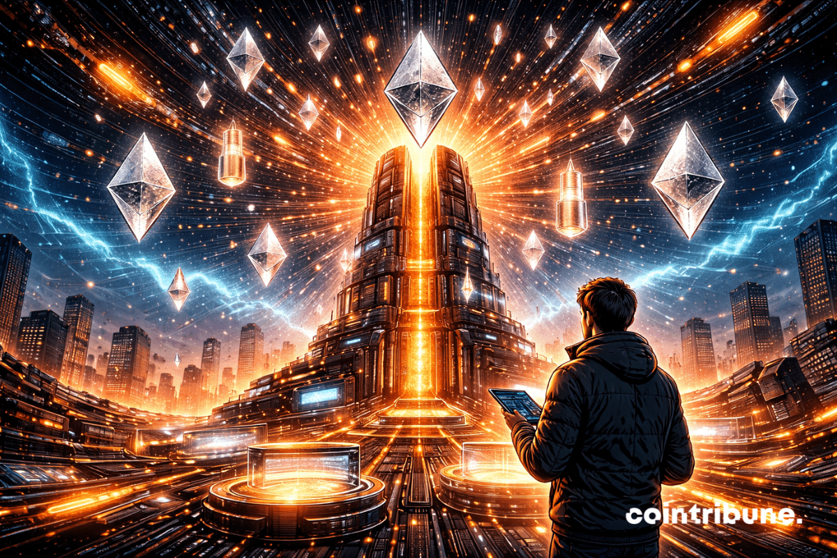 Une structure futuriste (data-tower) émet des milliers de losanges Ethereum vers le ciel. Un ingénieur ou développeur crypto observe la scène. Des flux de smart contracts sont représentés par des capsules de lumière connectées.