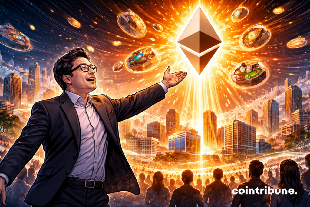 Tom Lee stands on a futuristic digital platform. The cryptocurrency Ethereum rises into the sky, propelled by a beam of assets — houses, artworks, tokenized stocks.