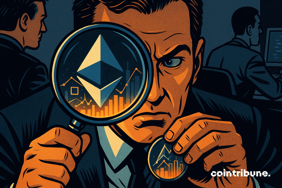 Une loupe tenue par un trader crypto révèle que chaque Ethereum contient un micro-univers de valeur cachée.