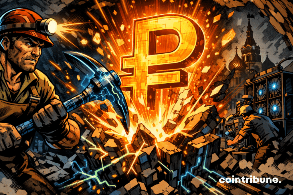 Scene of intense crypto mining with glowing Ruble symbol and digital sparks underground.