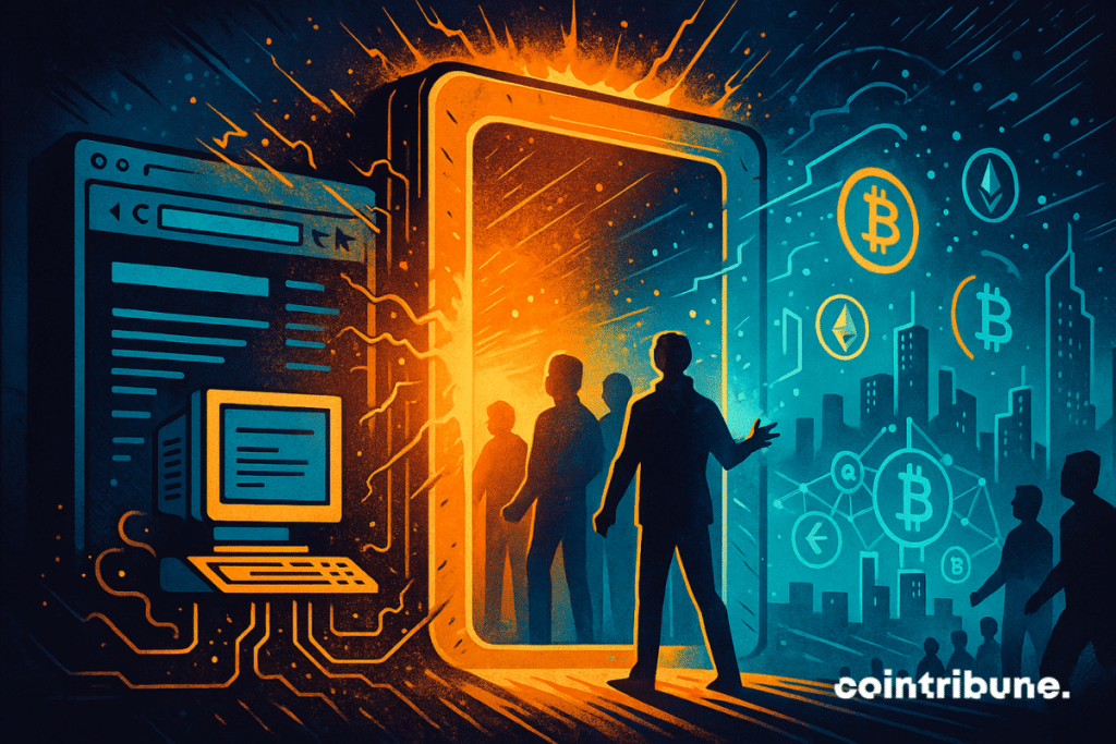 On one side, an old Web 1.0 interface (pixels, DOS lines); on the other, a vibrant Web3 universe with digital cities and avatars. A giant digital portal connects the two worlds, symbolizing crypto's entry into its Netscape moment.