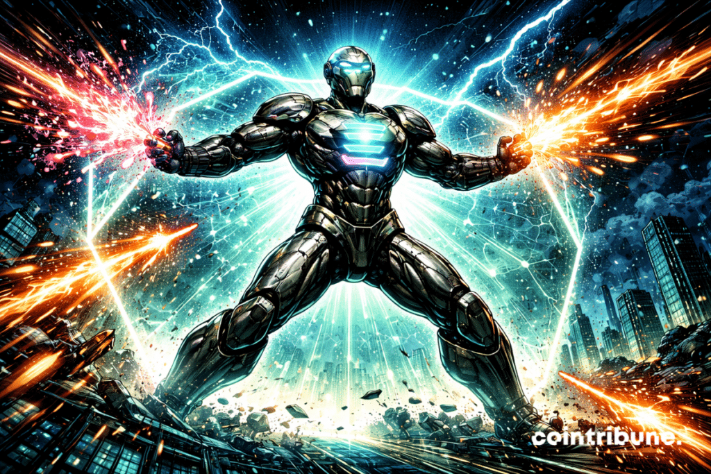 Solana personnifié en robot gardien, humanoïde futuriste debout, domine le chaos numérique autour de lui. L’armure du personnage est élégante, tech, avec des lignes de circuits imprimés lumineux. Le logo de la crypto Solana est incrusté au centre de sa poitrine, brillant intensément.