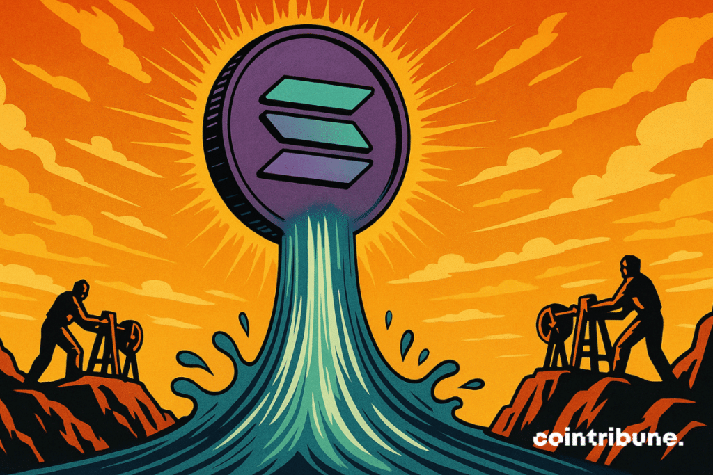 A digital waterfall rises upward toward a floating Solana crypto symbol.