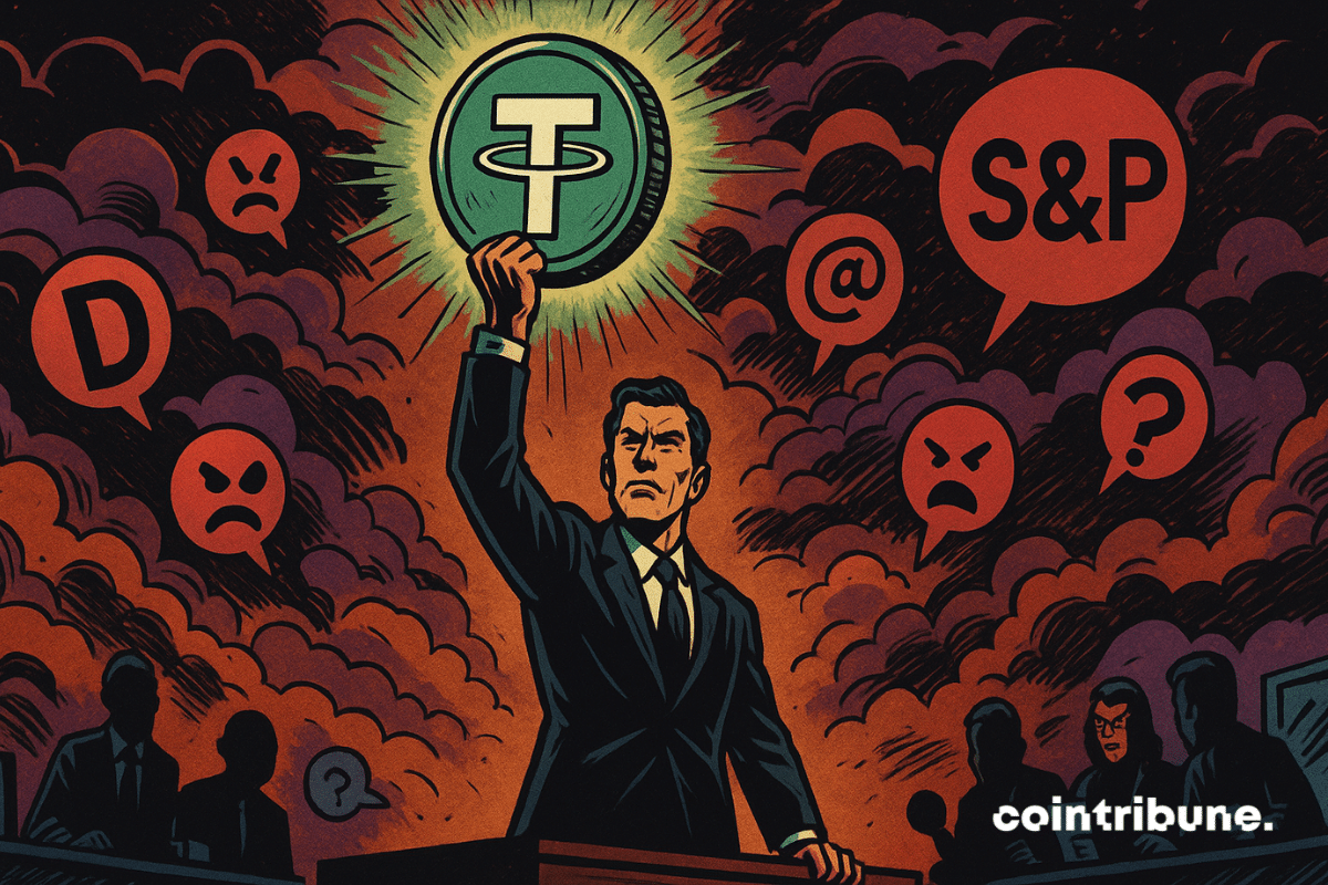 Le PDG de Tether brandit un jeton USDT lumineux en pleine tempête médiatique.