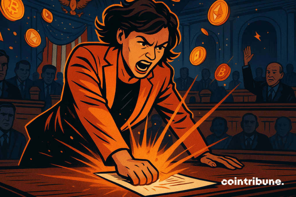 A woman slams a document in a Senate chamber as crypto coins float, creating a dramatic scene.