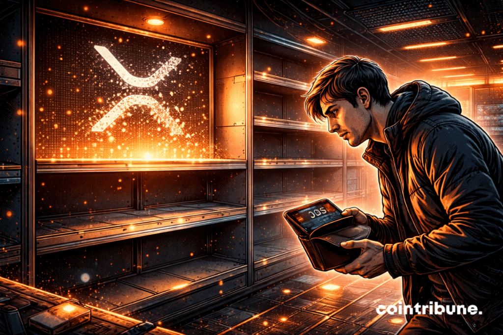 À l’intérieur d’un exchange crypto, les étagères sont vides, car il n’y a plus aucun XRP. Un trader penché vers l’avant tient un portefeuille numérique vide.