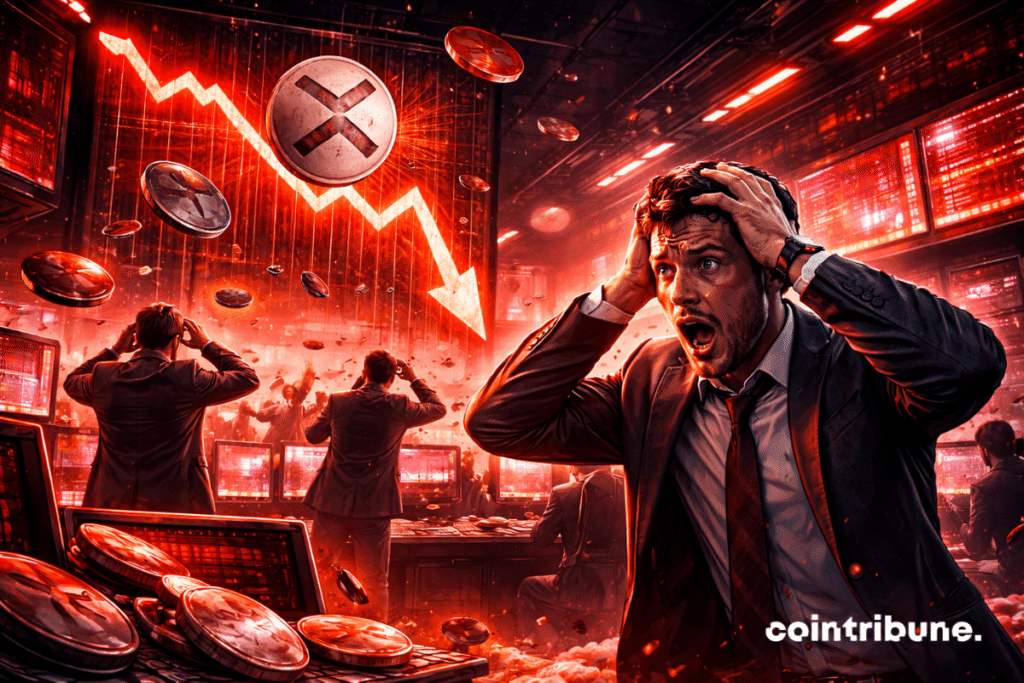 Un écran géant montre un graphique XRP. Des traders crypto sont paniqués devant des écrans rouges.