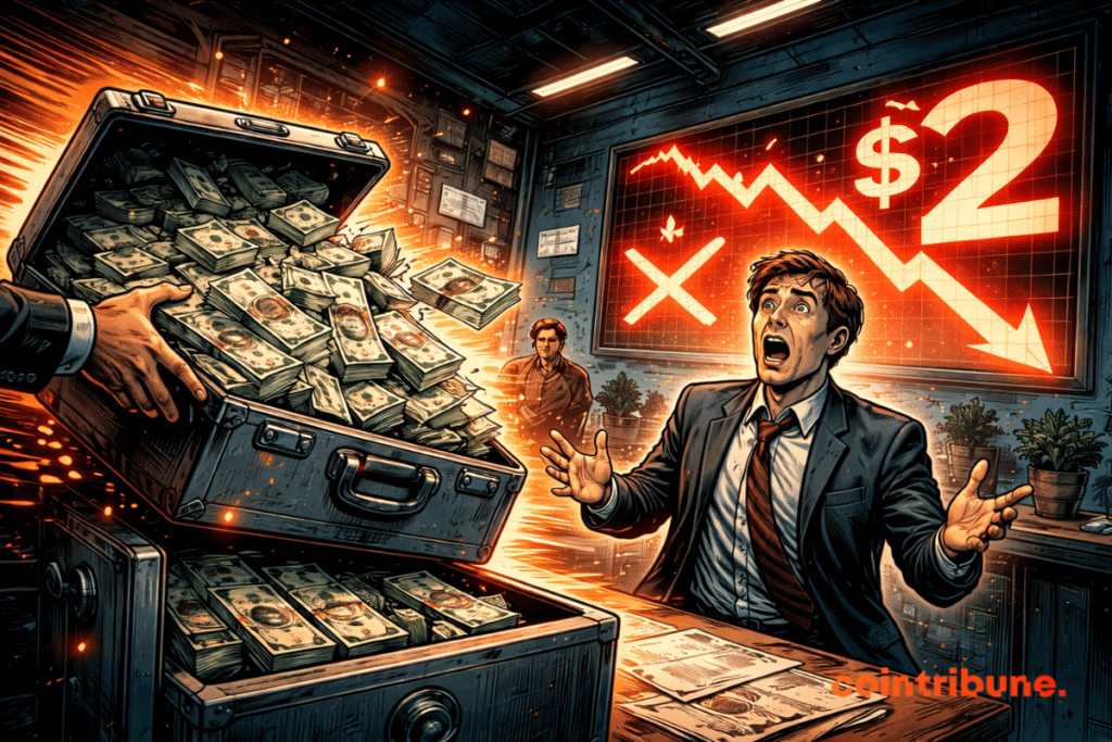 A human hand or a crypto investor’s arm pours an open suitcase full of bundles of cash into a safe, visually marked with dynamic lines to indicate the rapid absorption of funds representing XRP ETFs.