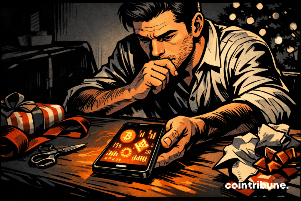 A thoughtful man sits at a table, studying a glowing smartphone with crypto symbols as wrapping paper and a Christmas tree surround him.