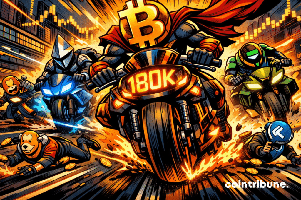 Carrera de criptomonedas: Bitcoin lidera hacia los 180.000, tokens blue-chip detrás y altcoins colapsando.