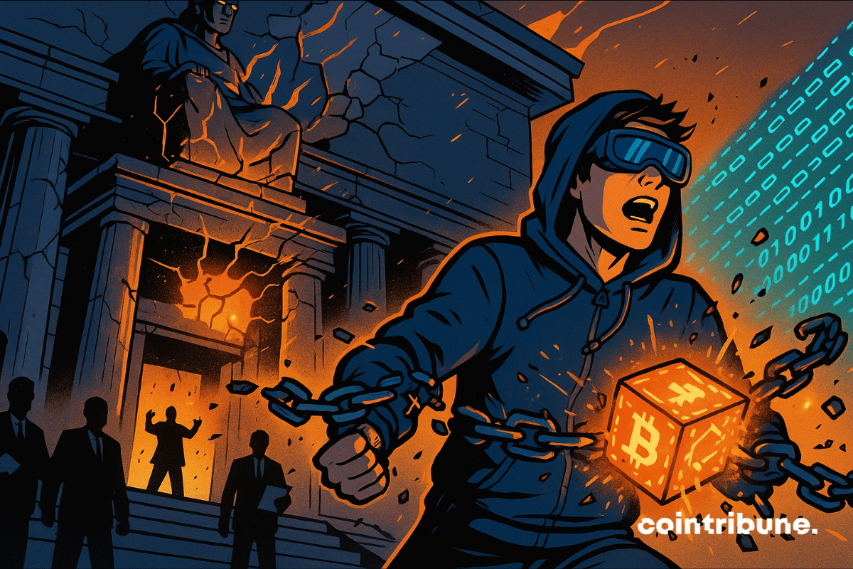 Desarrollador de criptomonedas rompe cadenas con un cubo brillante de Bitcoin mientras el edificio de la SEC se agrieta detrás.