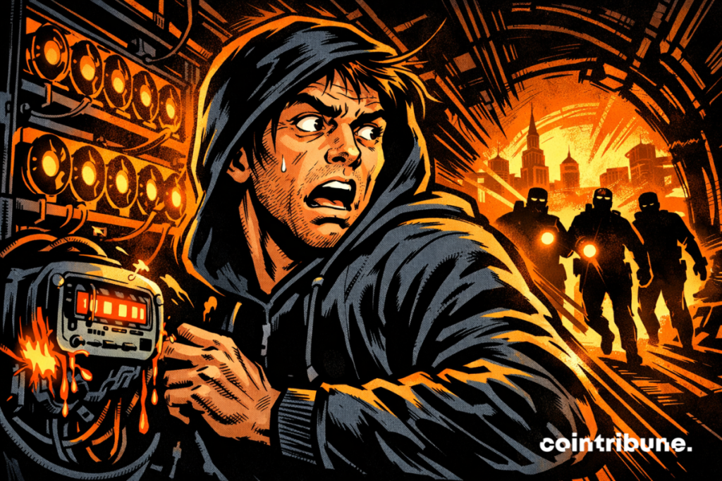 A hooded crypto miner looks back in panic inside a dark basement filled with glowing orange GPU servers as silhouetted officers approach from a tunnel behind him.