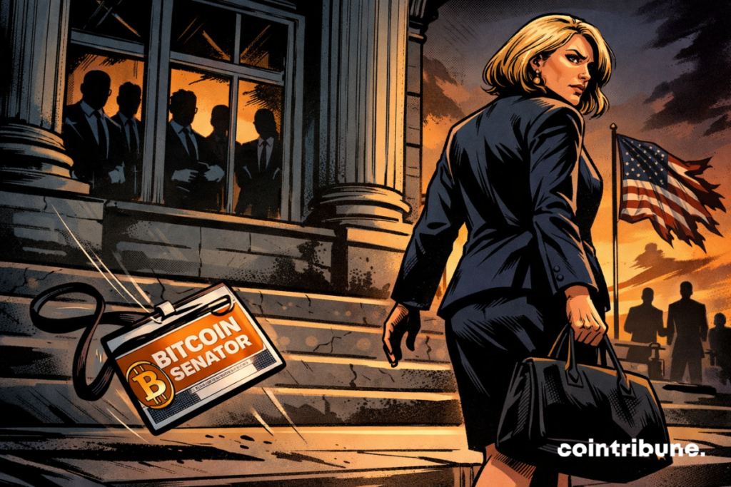 Cynthia Lummis leaves an official building, looking back, her “Bitcoin Senator” badge fallen, silhouettes watching her, torn flag.