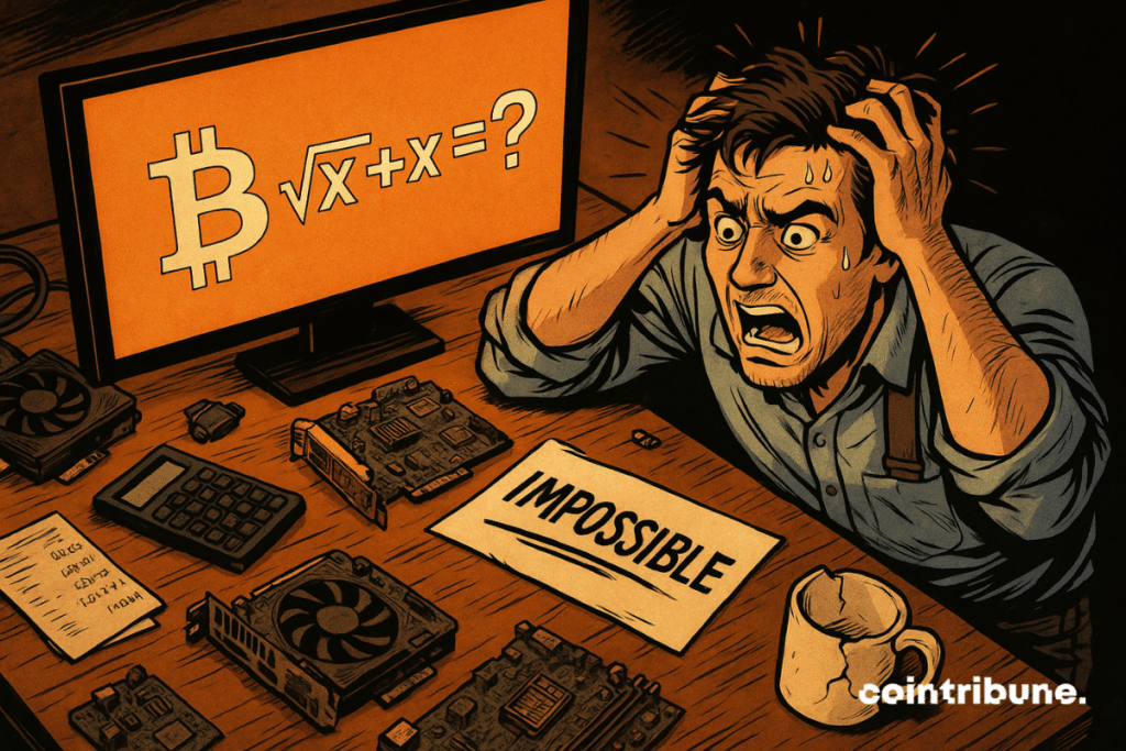 A desperate Bitcoin miner, hands in his hair, stares at a screen displaying an incomprehensible equation.