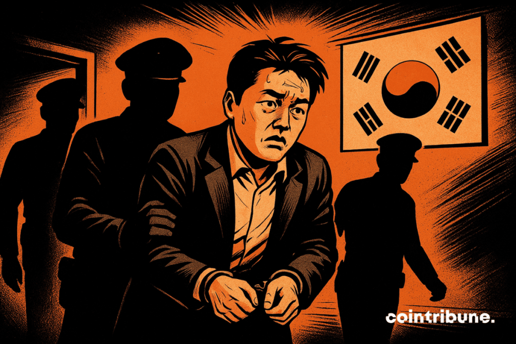 A comic-style scene shows a handcuffed man being escorted by silhouettes of police officers down a dark hallway lit by an orange glow, with a South Korean flag visible in the background.