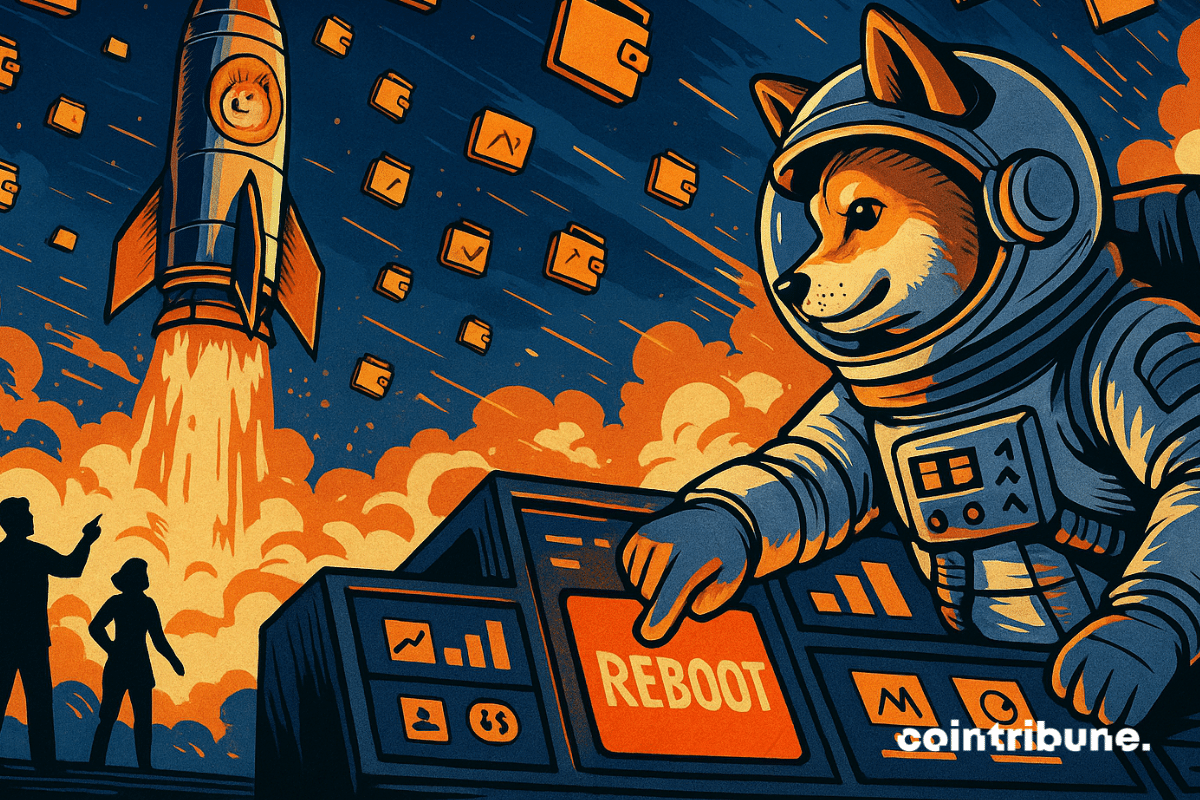 Astronaut launches Dogecoin rocket amid floating crypto wallets.