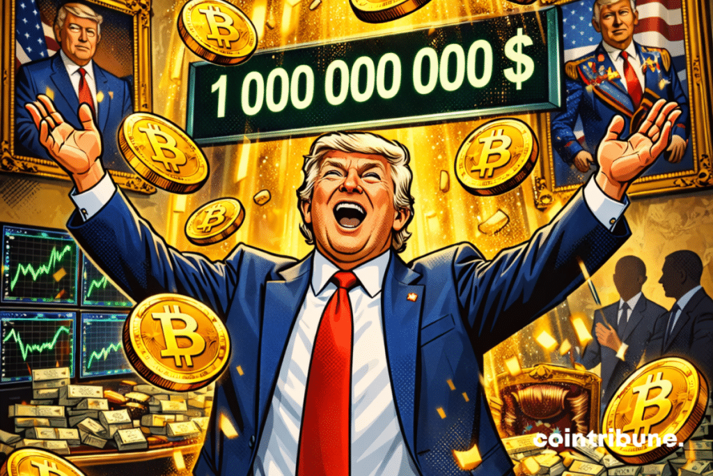 Donald Trump assis sur un trône composé de pièces Bitcoin, avec le chiffre 1 000 000 000 $ lumineux au-dessus de lui, dans un décor aux tons dorés avec un drapeau américain et des graphiques financiers en arrière-plan.