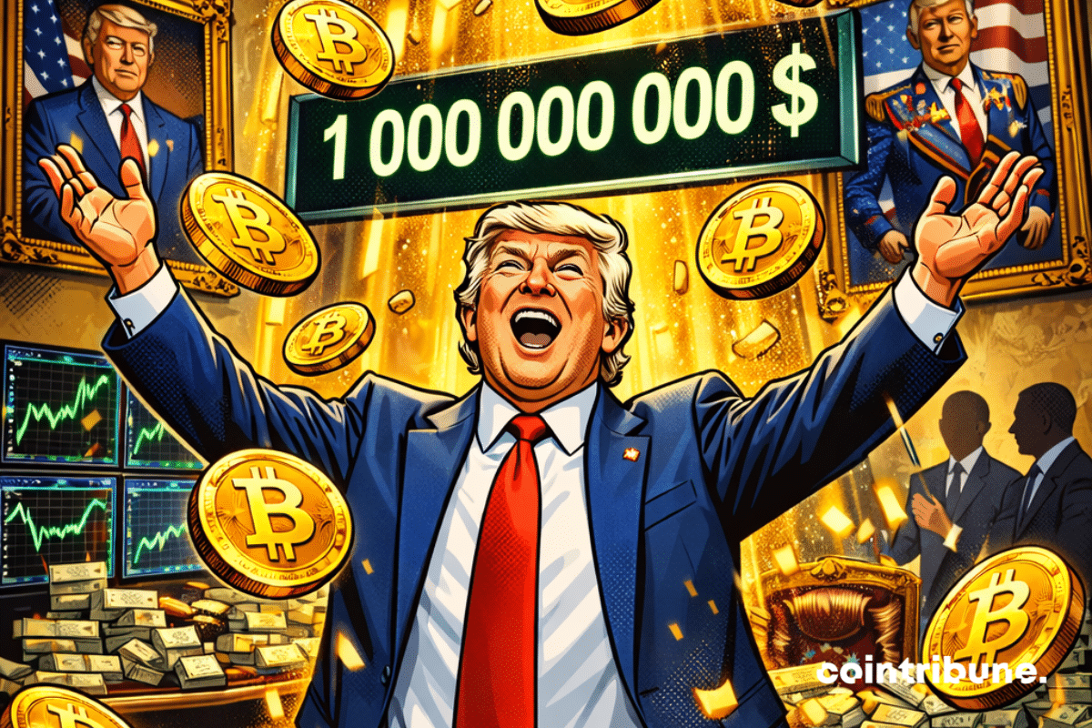 Donald Trump assis sur un trône composé de pièces Bitcoin, avec le chiffre 1 000 000 000 $ lumineux au-dessus de lui, dans un décor aux tons dorés avec un drapeau américain et des graphiques financiers en arrière-plan.