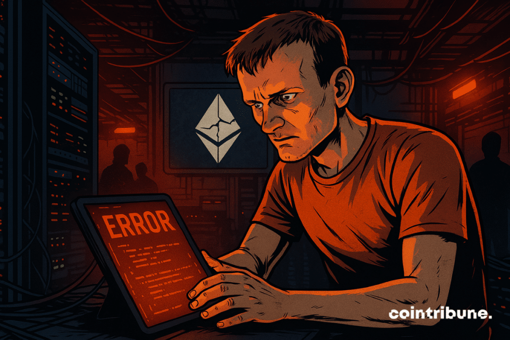 Vitalik Buterin inquiet observe une tablette affichant une erreur, entouré de serveurs sombres et d’un logo Ethereum fissuré.