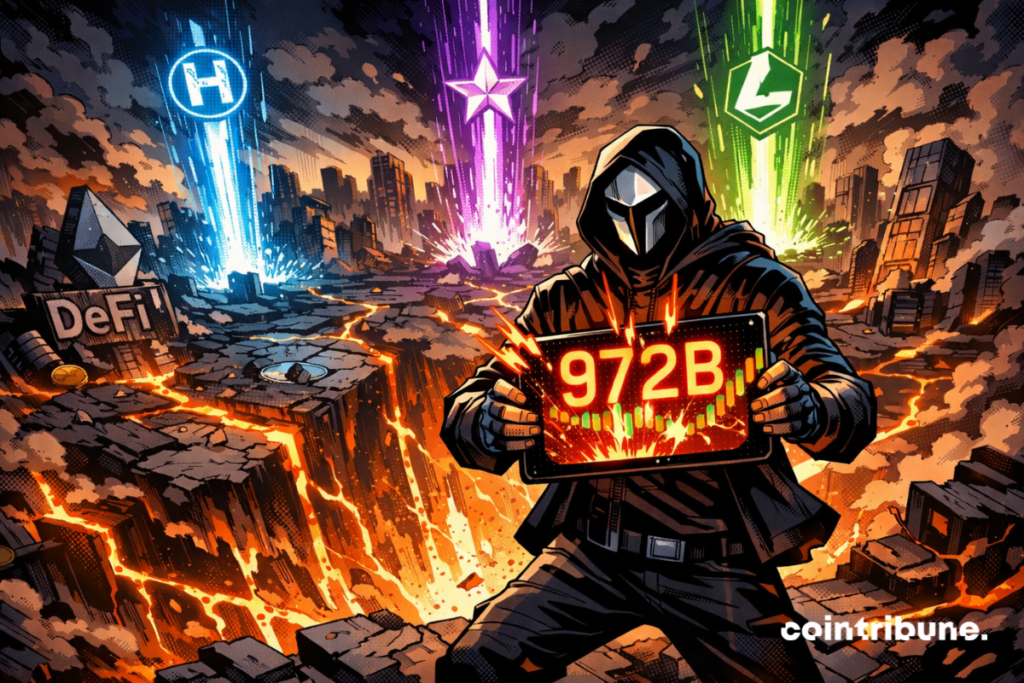 Un personaje enmascarado domina una ciudad DeFi fracturada, sosteniendo una tableta con el número «972B», mientras tres rayos de energía explotan a su alrededor.