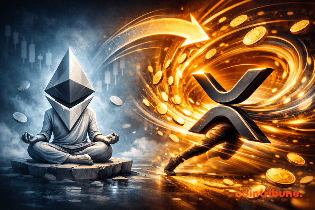 Illustration crypto montrant Ethereum calme face à XRP en mouvement symbolisant rotation des capitaux et flux financiers dynamiques