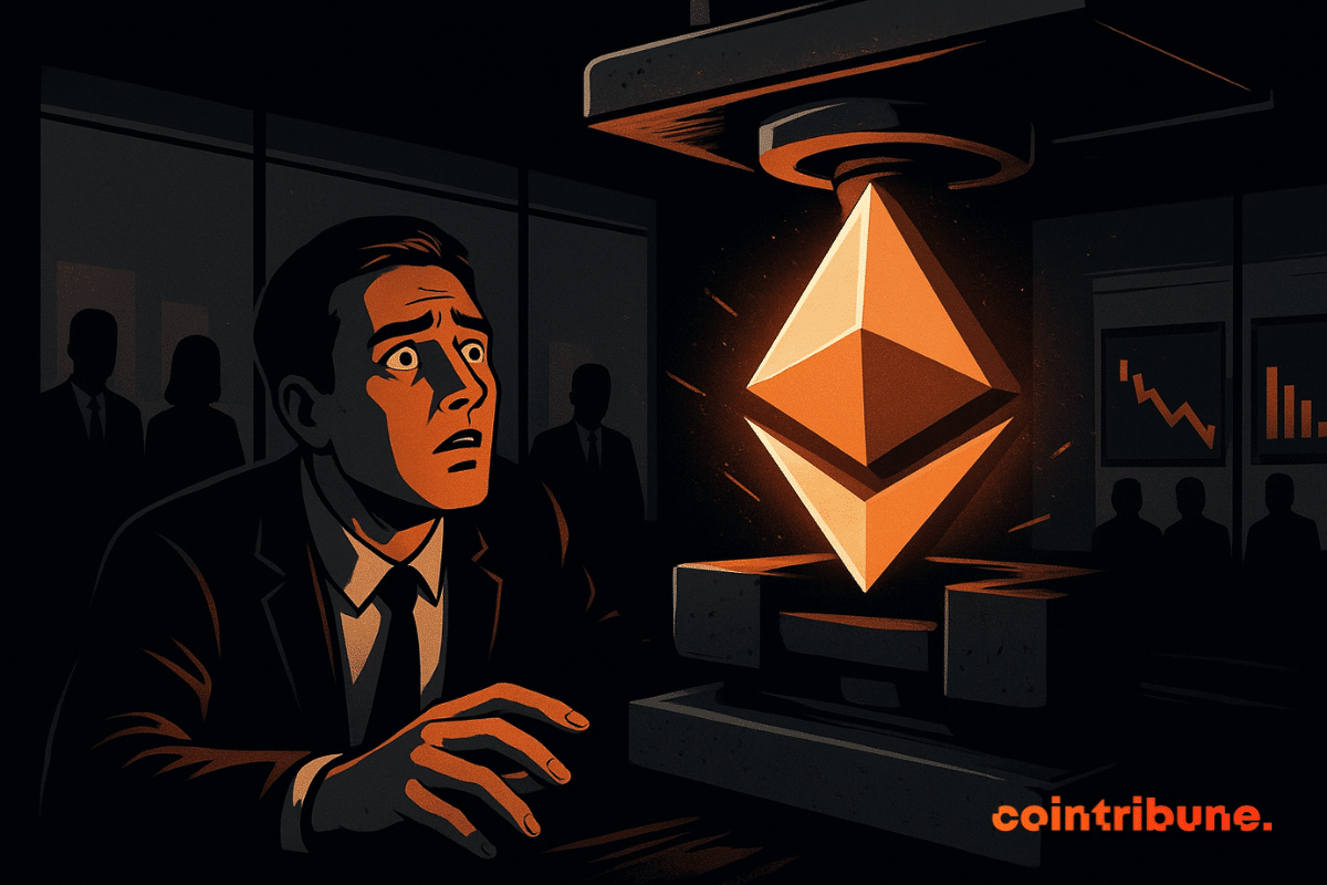 A dark trading-floor scene where a trader looks at a large Ethereum symbol being compressed between two metal plates, lit by an orange glow.