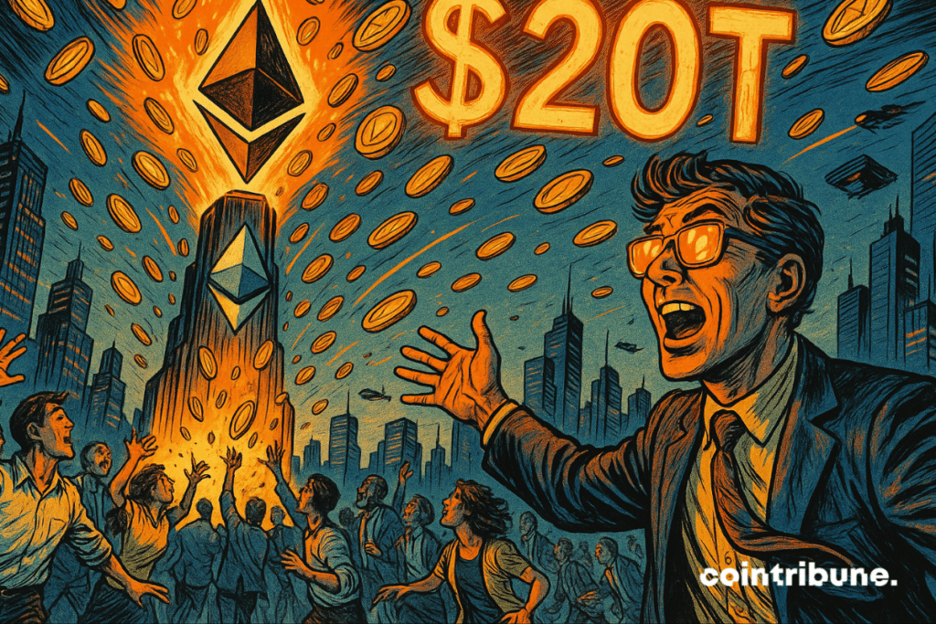 Escena de cómic futurista que muestra la torre de Ethereum explotando con monedas, mientras la multitud reacciona con asombro.