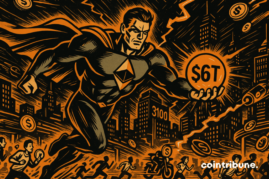 Um super-herói do Ethereum segura uma esfera de US$ 6 trilhões sobre uma cidade futurista, simbolizando a ascensão da rede.