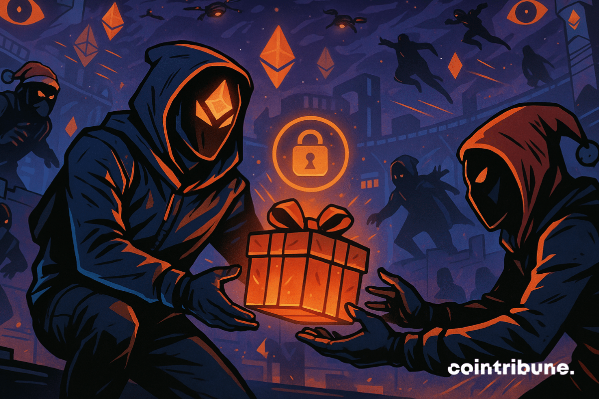 Masked gamers exchange a glowing gift in a cyber arena under Ethereum symbols and surveillance.