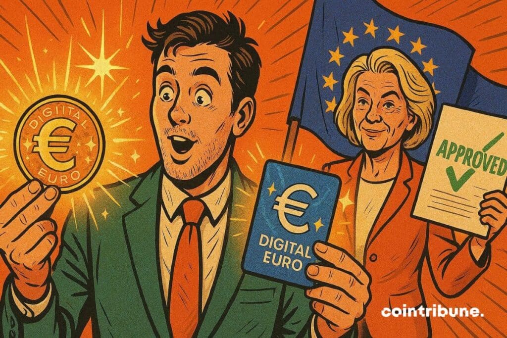 A Member of the European Parliament approves the digital Euro. In front of her, an investor holds the two versions of the digital Euro approved by the EU.