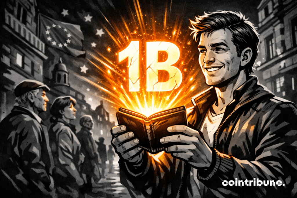 A European citizen smiles as a glowing wallet projects “1B” in orange light on a city street, drawing attention from nearby passersby.