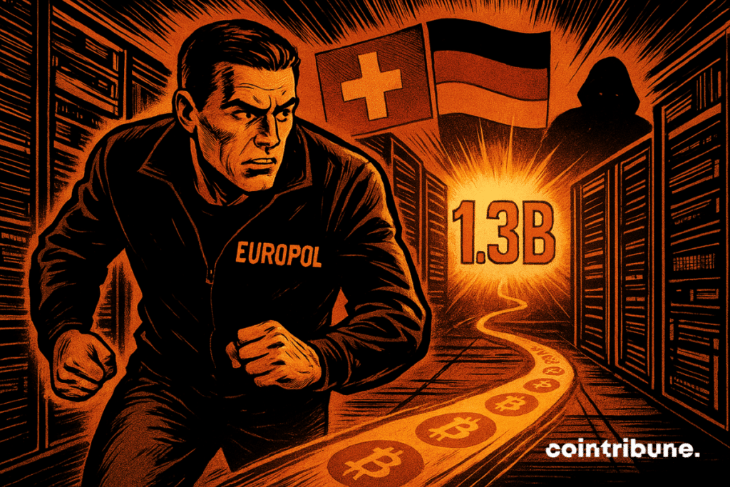 A Europol agent walks through a dark server hallway, lit by an orange light trail leading to the figure “1.3B,” with Swiss and German flags and a hacker silhouette in the background.