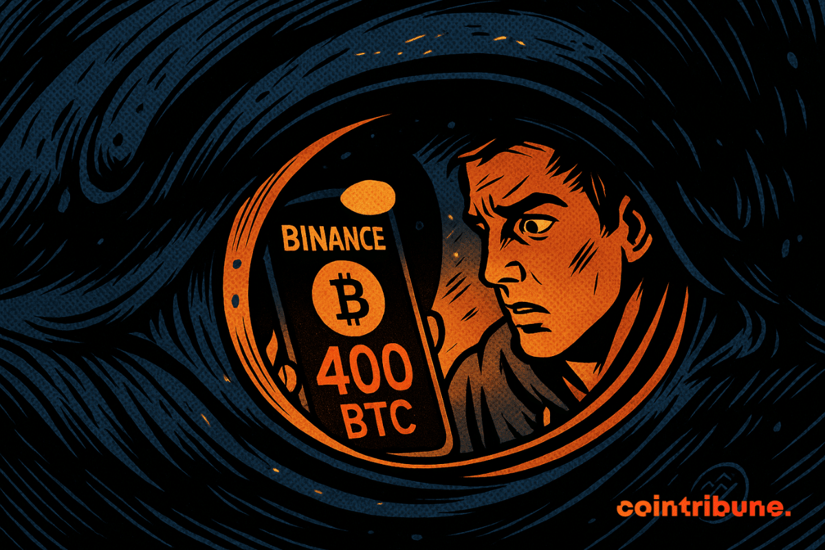 Un œil de baleine reflète un jeune investisseur inquiet, regardant son écran affichant "Binance – 400 BTC". Atmosphère tendue.