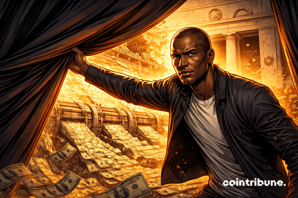 Arthur Hayes arrache un lourd rideau noir. Derrière le rideau, une machine à billets industrielle crache des dollars, ce qui symbolise le plan de création monétaire de la Fed.