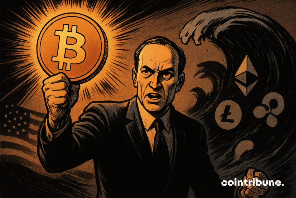 Gary Gensler, dressed in a suit, raises a glowing Bitcoin in front of a dark wave representing other cryptocurrencies, styled like a 1970s comic book.