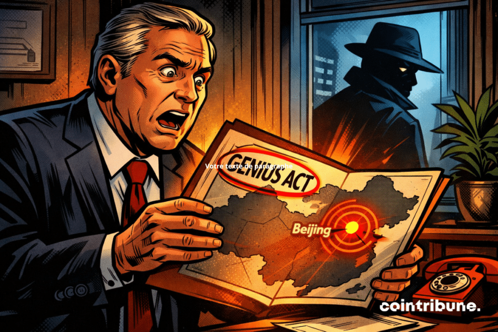 Un hombre sorprendido descubre un expediente marcado como «GENIUS ACT», mientras un espía lo observa desde una ventana.