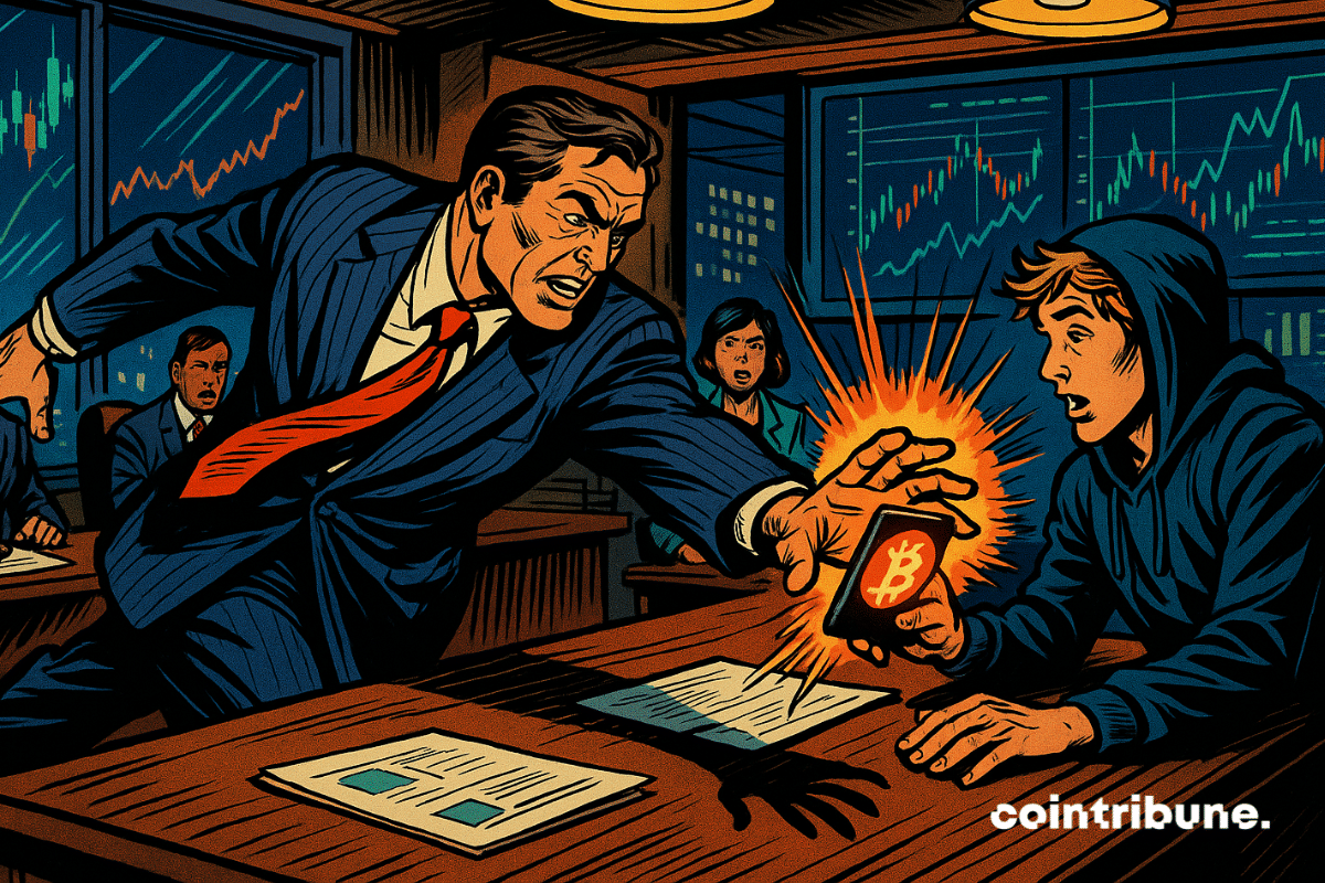 Goldman Sachs exec grabs glowing Bitcoin device from an Innovator Capital rep in a tense boardroom.