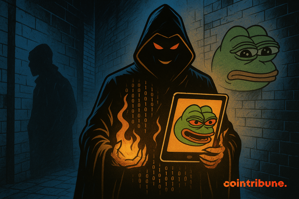 Um hacker demoníaco segura um tablet com o malvado Pepe, em um beco escuro, iluminado por chamas digitais inquietantes.