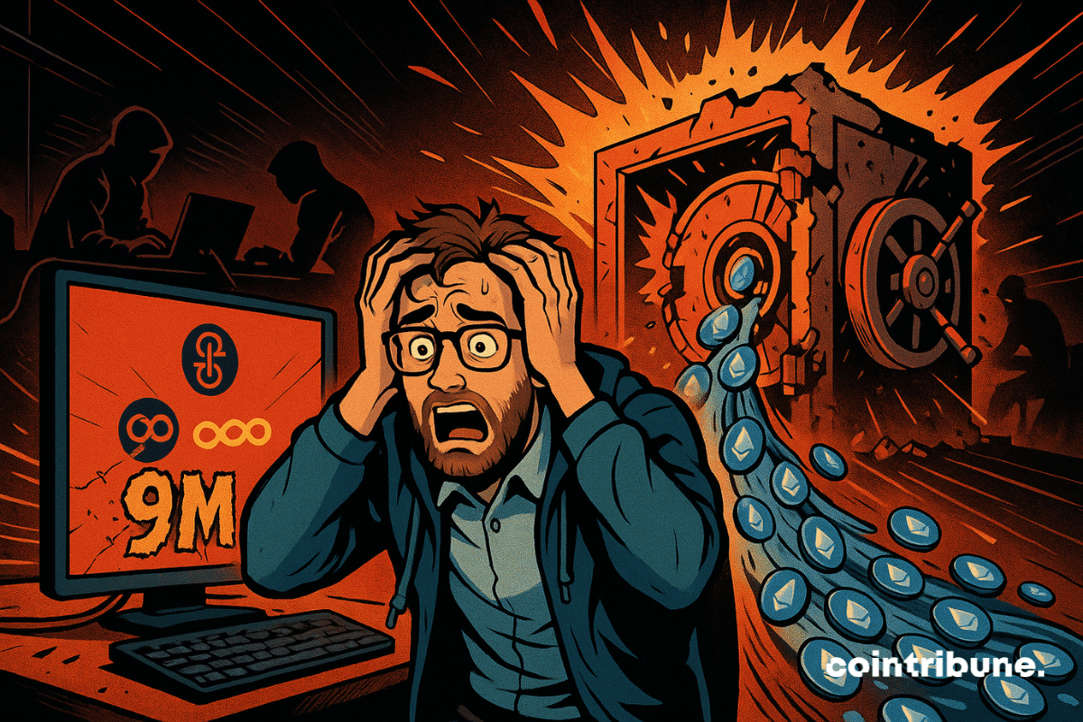 A man panics in front of a red screen, an exploded safe releases tokens, silhouettes of hackers in the background.