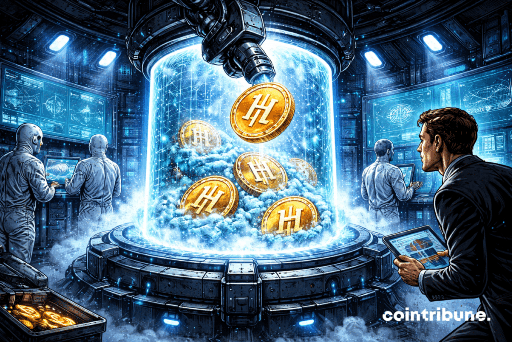 Hyperliquid tokens float and gradually freeze inside a giant cryogenic reservoir made of glass or metal, symbolizing the locking of billion in the assistance fund.