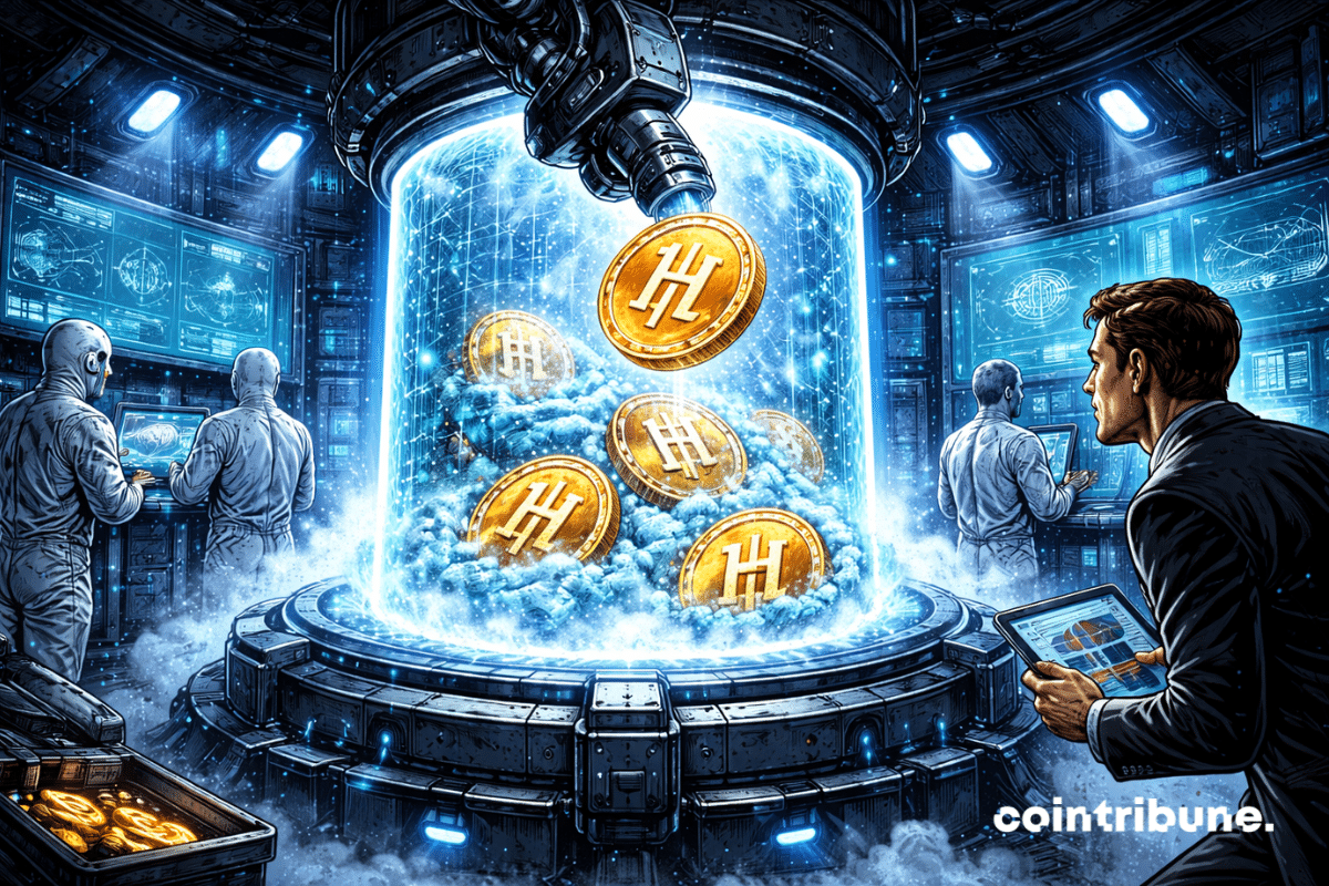 Hyperliquid tokens float and gradually freeze inside a giant cryogenic reservoir made of glass or metal, symbolizing the locking of $1 billion in the assistance fund.