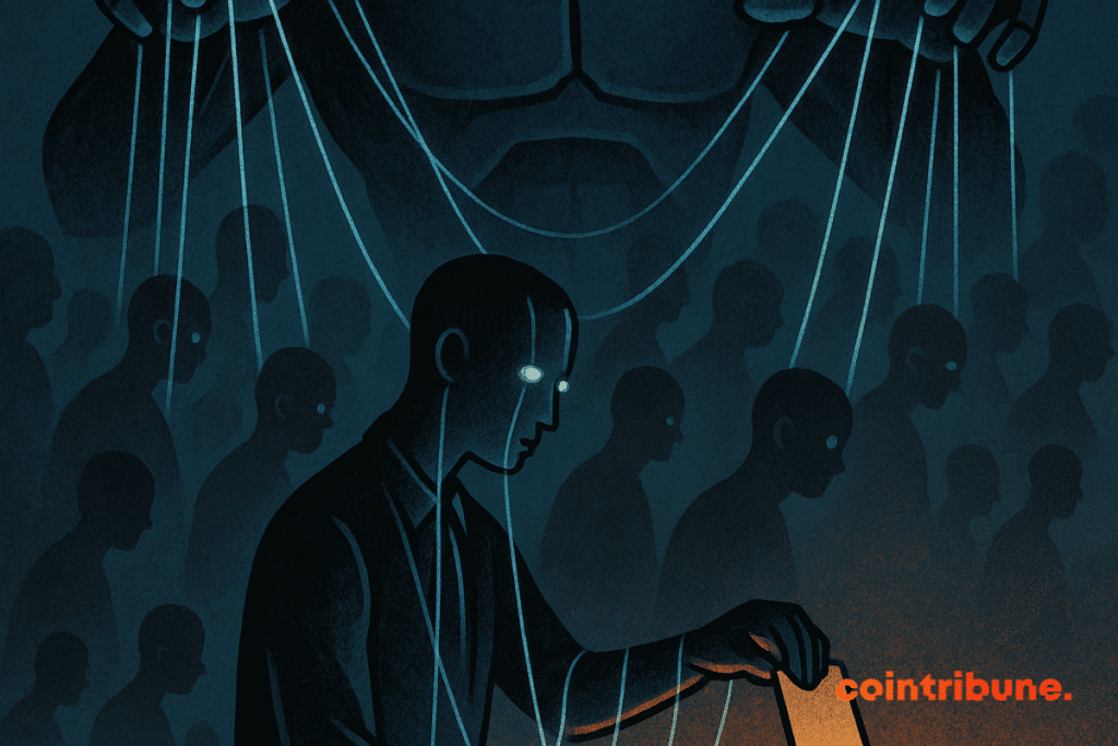 A giant robot manipulates puppet voters who mechanically vote in an orange-lit ballot box.