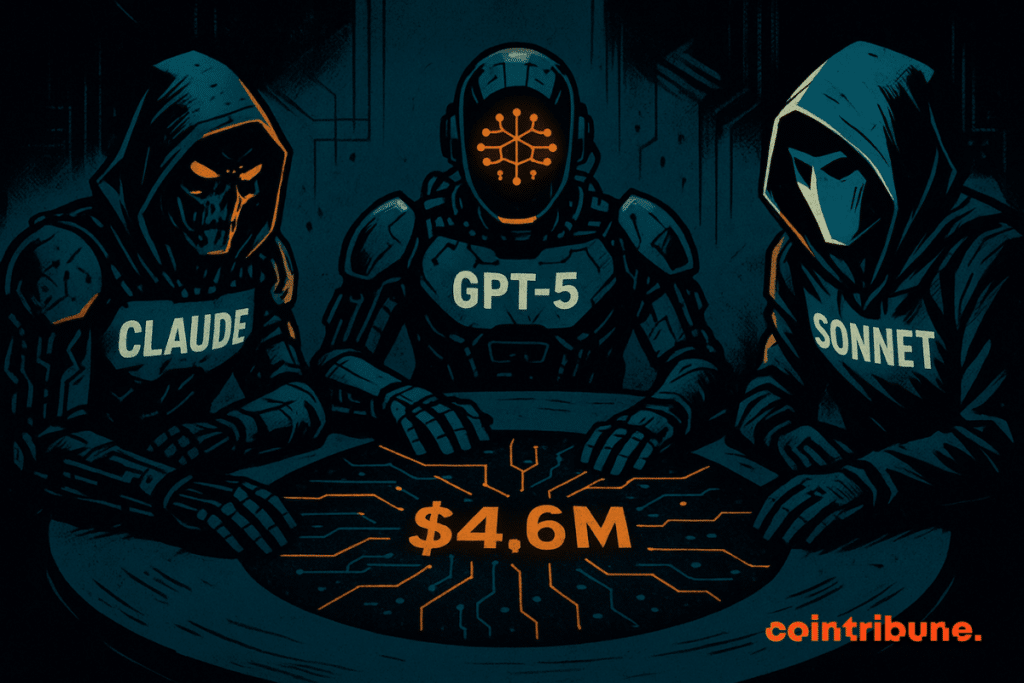 Trois intelligences artificielles masquées complotent autour d’une table sombre, un montant de 4,6M $ brillant au centre.