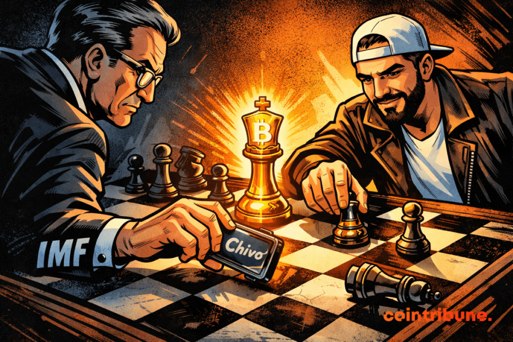 A comic-style overhead scene shows an IMF figure and El Salvador’s president playing chess as a glowing Bitcoin king stands firm while a Chivo piece is removed.