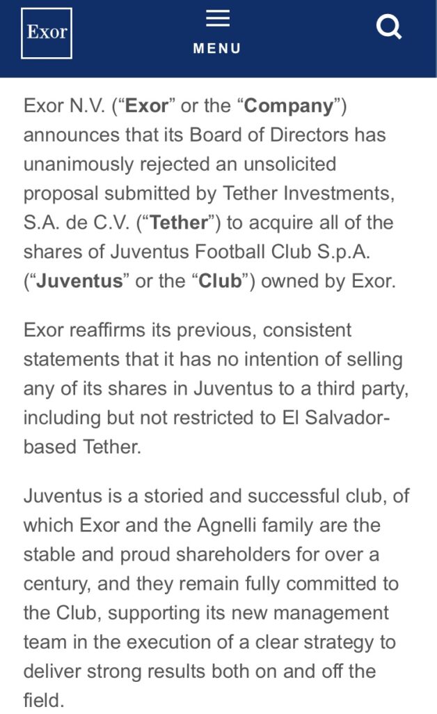 Dans un communiqué, Exor a réaffirmé son engagement à long terme et son soutien à la nouvelle direction du club Juventus. L’offre de Tether, qualifiée de « non sollicitée », n’a pas convaincu, malgré les ambitions affichées par l’entreprise crypto.