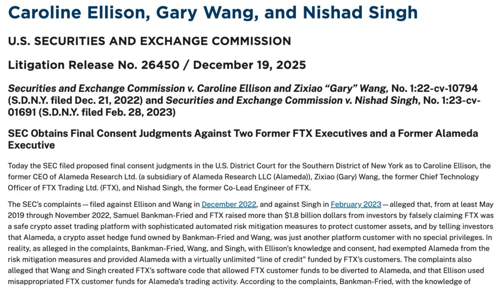 La SEC a officiellement interdit Caroline Ellison, Gary Wang et Nishad Singh de diriger ou siéger dans des conseils d’administration pour 8 à 10 ans.