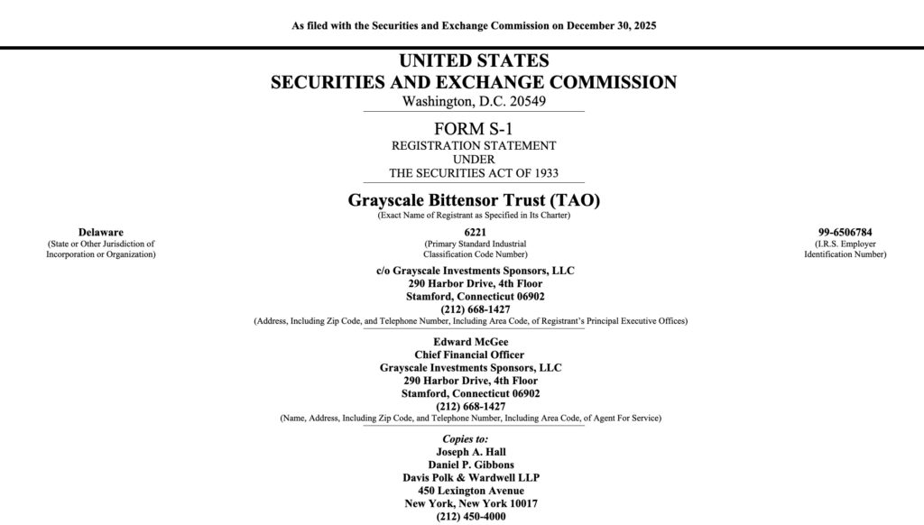 Grayscale apresentou oficialmente um formulário S-1 à SEC para lançar um ETF baseado no token TAO da Bittensor, sob o ticker GTAO na NYSE Arca.